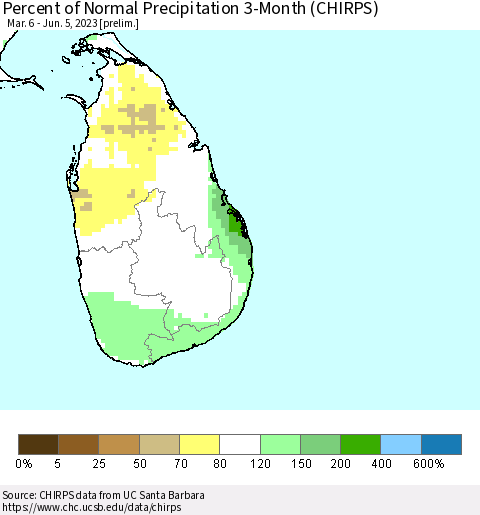 Sri Lanka Percent of Normal Precipitation 3-Month (CHIRPS) Thematic Map For 3/6/2023 - 6/5/2023