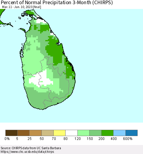 Sri Lanka Percent of Normal Precipitation 3-Month (CHIRPS) Thematic Map For 3/11/2023 - 6/10/2023