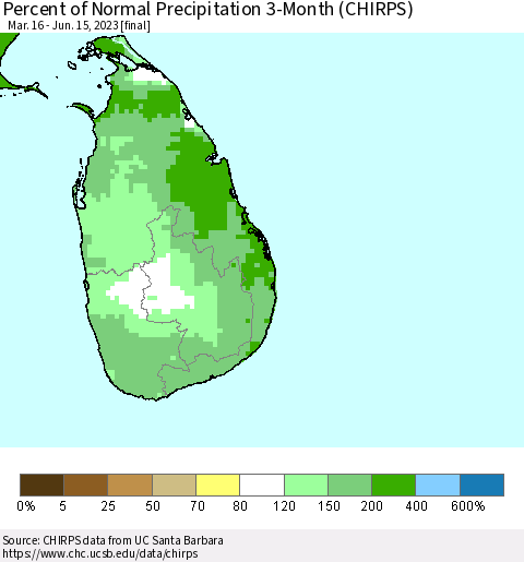 Sri Lanka Percent of Normal Precipitation 3-Month (CHIRPS) Thematic Map For 3/16/2023 - 6/15/2023