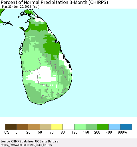 Sri Lanka Percent of Normal Precipitation 3-Month (CHIRPS) Thematic Map For 3/21/2023 - 6/20/2023
