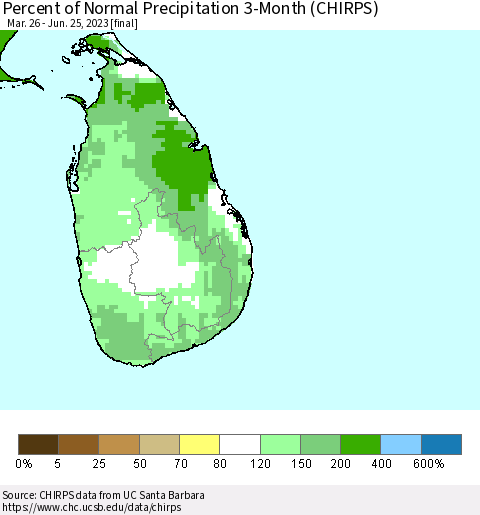 Sri Lanka Percent of Normal Precipitation 3-Month (CHIRPS) Thematic Map For 3/26/2023 - 6/25/2023