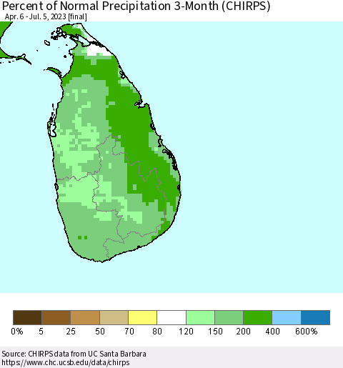 Sri Lanka Percent of Normal Precipitation 3-Month (CHIRPS) Thematic Map For 4/6/2023 - 7/5/2023