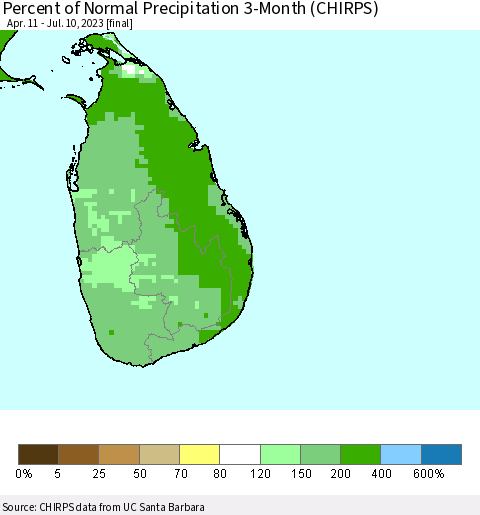 Sri Lanka Percent of Normal Precipitation 3-Month (CHIRPS) Thematic Map For 4/11/2023 - 7/10/2023