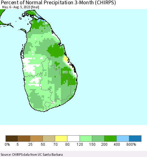 Sri Lanka Percent of Normal Precipitation 3-Month (CHIRPS) Thematic Map For 5/6/2023 - 8/5/2023