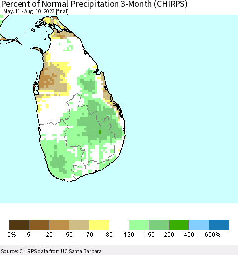 Sri Lanka Percent of Normal Precipitation 3-Month (CHIRPS) Thematic Map For 5/11/2023 - 8/10/2023