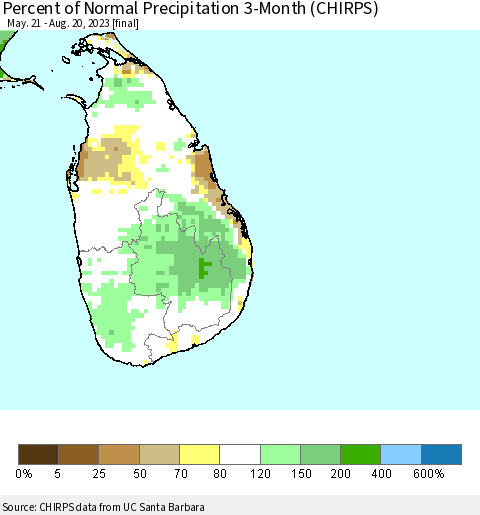 Sri Lanka Percent of Normal Precipitation 3-Month (CHIRPS) Thematic Map For 5/21/2023 - 8/20/2023