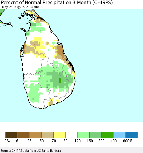 Sri Lanka Percent of Normal Precipitation 3-Month (CHIRPS) Thematic Map For 5/26/2023 - 8/25/2023