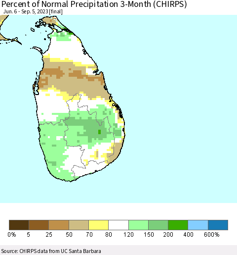 Sri Lanka Percent of Normal Precipitation 3-Month (CHIRPS) Thematic Map For 6/6/2023 - 9/5/2023
