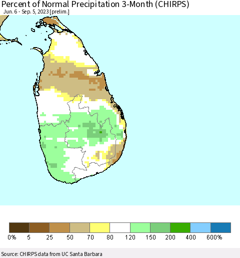 Sri Lanka Percent of Normal Precipitation 3-Month (CHIRPS) Thematic Map For 6/6/2023 - 9/5/2023
