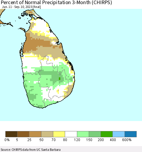 Sri Lanka Percent of Normal Precipitation 3-Month (CHIRPS) Thematic Map For 6/11/2023 - 9/10/2023
