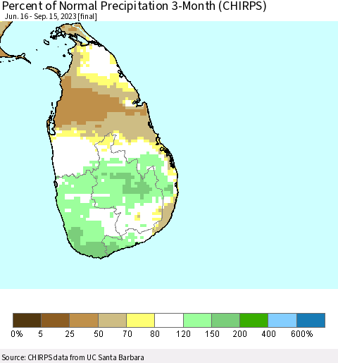 Sri Lanka Percent of Normal Precipitation 3-Month (CHIRPS) Thematic Map For 6/16/2023 - 9/15/2023