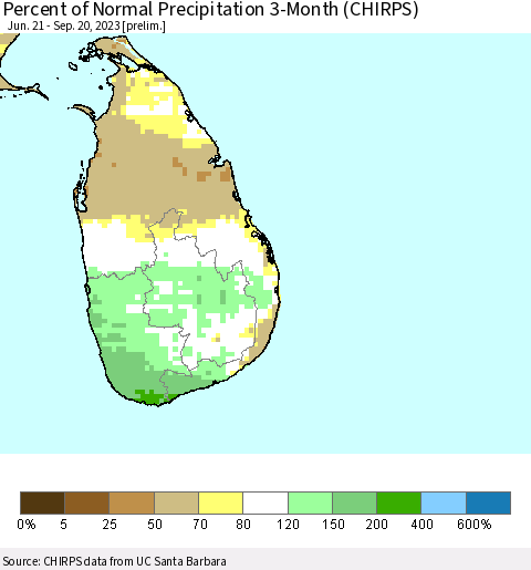 Sri Lanka Percent of Normal Precipitation 3-Month (CHIRPS) Thematic Map For 6/21/2023 - 9/20/2023