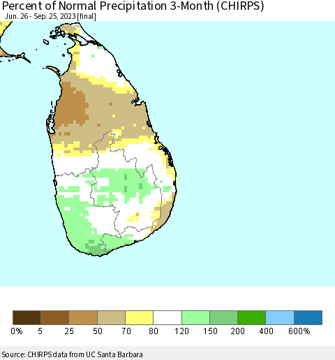 Sri Lanka Percent of Normal Precipitation 3-Month (CHIRPS) Thematic Map For 6/26/2023 - 9/25/2023