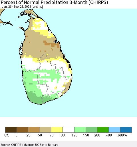Sri Lanka Percent of Normal Precipitation 3-Month (CHIRPS) Thematic Map For 6/26/2023 - 9/25/2023