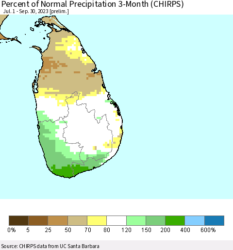 Sri Lanka Percent of Normal Precipitation 3-Month (CHIRPS) Thematic Map For 7/1/2023 - 9/30/2023