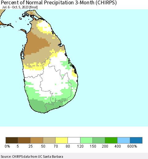 Sri Lanka Percent of Normal Precipitation 3-Month (CHIRPS) Thematic Map For 7/6/2023 - 10/5/2023