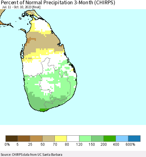 Sri Lanka Percent of Normal Precipitation 3-Month (CHIRPS) Thematic Map For 7/11/2023 - 10/10/2023