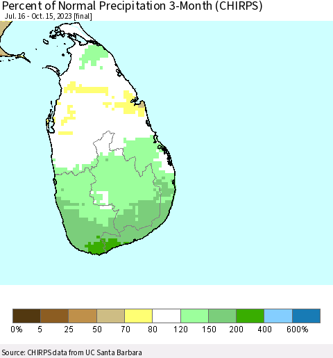 Sri Lanka Percent of Normal Precipitation 3-Month (CHIRPS) Thematic Map For 7/16/2023 - 10/15/2023