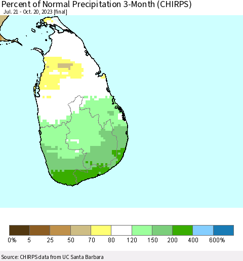 Sri Lanka Percent of Normal Precipitation 3-Month (CHIRPS) Thematic Map For 7/21/2023 - 10/20/2023