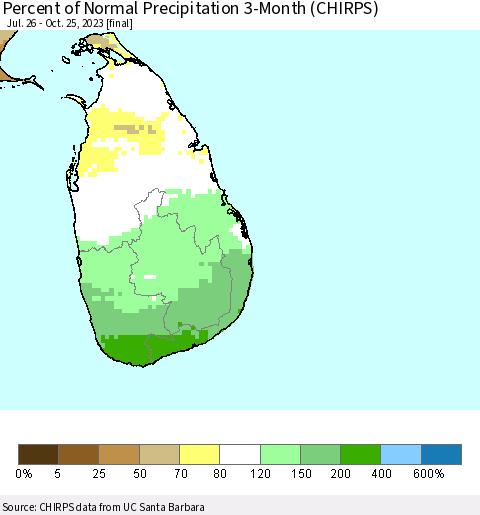 Sri Lanka Percent of Normal Precipitation 3-Month (CHIRPS) Thematic Map For 7/26/2023 - 10/25/2023