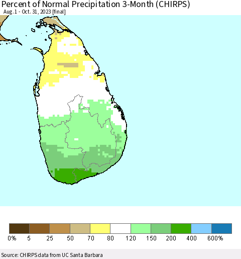 Sri Lanka Percent of Normal Precipitation 3-Month (CHIRPS) Thematic Map For 8/1/2023 - 10/31/2023