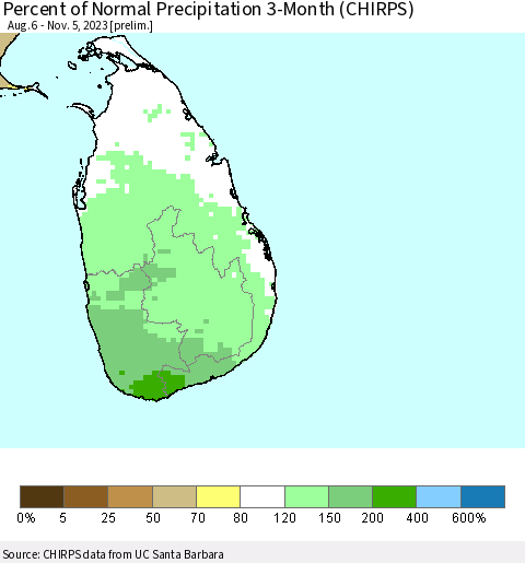 Sri Lanka Percent of Normal Precipitation 3-Month (CHIRPS) Thematic Map For 8/6/2023 - 11/5/2023