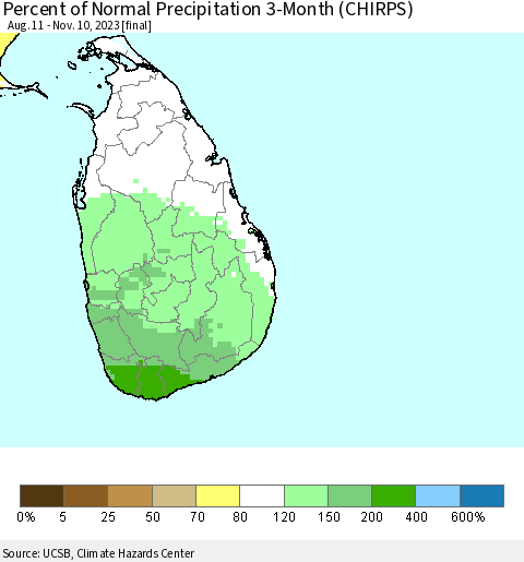 Sri Lanka Percent of Normal Precipitation 3-Month (CHIRPS) Thematic Map For 8/11/2023 - 11/10/2023