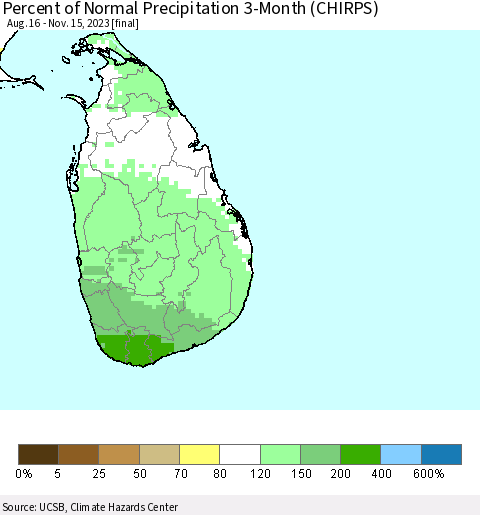 Sri Lanka Percent of Normal Precipitation 3-Month (CHIRPS) Thematic Map For 8/16/2023 - 11/15/2023
