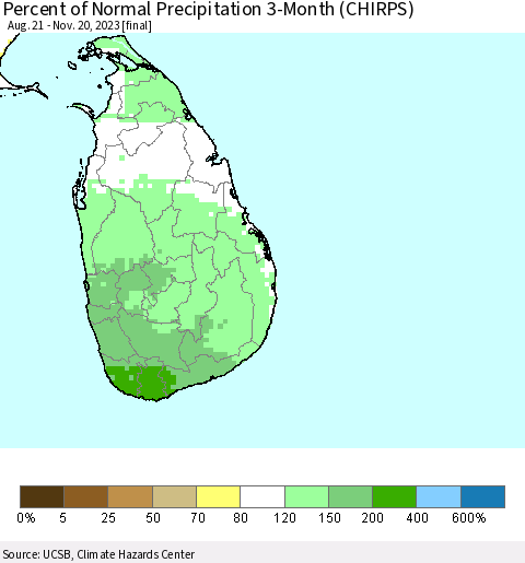 Sri Lanka Percent of Normal Precipitation 3-Month (CHIRPS) Thematic Map For 8/21/2023 - 11/20/2023