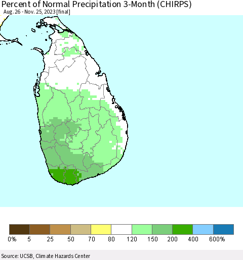 Sri Lanka Percent of Normal Precipitation 3-Month (CHIRPS) Thematic Map For 8/26/2023 - 11/25/2023