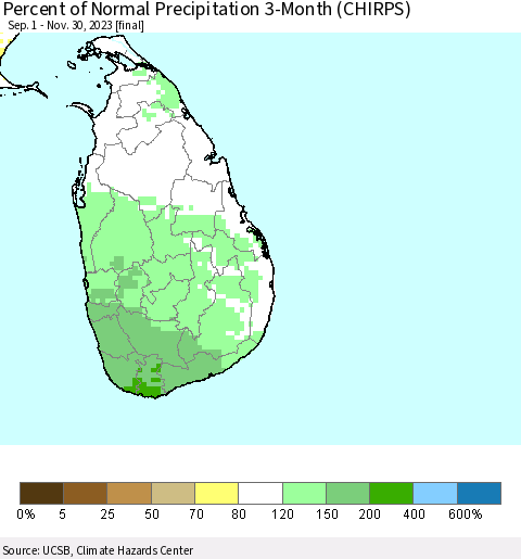 Sri Lanka Percent of Normal Precipitation 3-Month (CHIRPS) Thematic Map For 9/1/2023 - 11/30/2023
