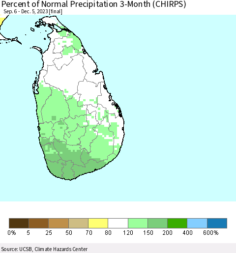Sri Lanka Percent of Normal Precipitation 3-Month (CHIRPS) Thematic Map For 9/6/2023 - 12/5/2023