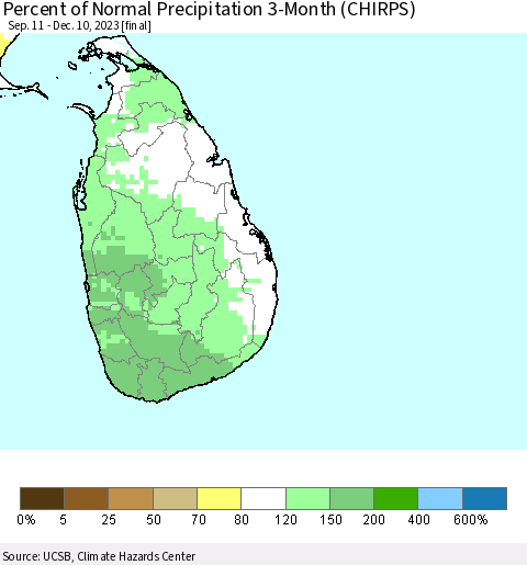 Sri Lanka Percent of Normal Precipitation 3-Month (CHIRPS) Thematic Map For 9/11/2023 - 12/10/2023