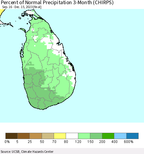 Sri Lanka Percent of Normal Precipitation 3-Month (CHIRPS) Thematic Map For 9/16/2023 - 12/15/2023