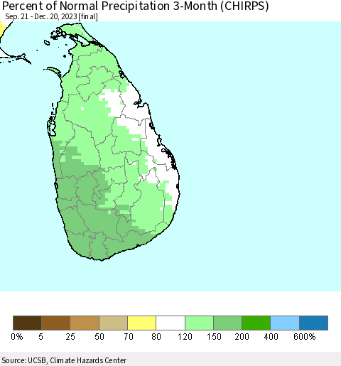 Sri Lanka Percent of Normal Precipitation 3-Month (CHIRPS) Thematic Map For 9/21/2023 - 12/20/2023