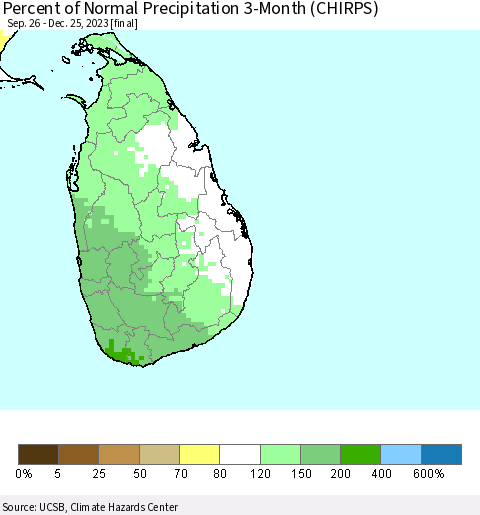 Sri Lanka Percent of Normal Precipitation 3-Month (CHIRPS) Thematic Map For 9/26/2023 - 12/25/2023