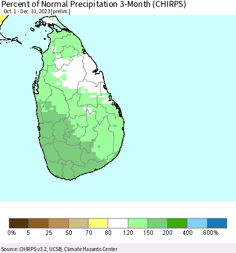 Sri Lanka Percent of Normal Precipitation 3-Month (CHIRPS) Thematic Map For 10/1/2023 - 12/31/2023