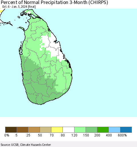 Sri Lanka Percent of Normal Precipitation 3-Month (CHIRPS) Thematic Map For 10/6/2023 - 1/5/2024