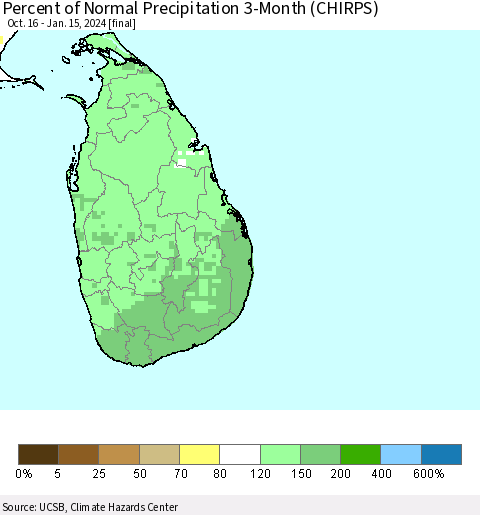 Sri Lanka Percent of Normal Precipitation 3-Month (CHIRPS) Thematic Map For 10/16/2023 - 1/15/2024