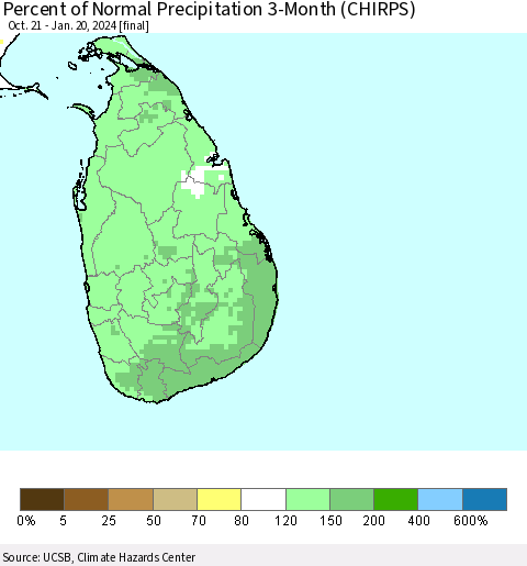 Sri Lanka Percent of Normal Precipitation 3-Month (CHIRPS) Thematic Map For 10/21/2023 - 1/20/2024