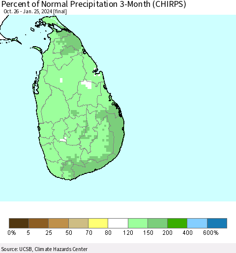 Sri Lanka Percent of Normal Precipitation 3-Month (CHIRPS) Thematic Map For 10/26/2023 - 1/25/2024