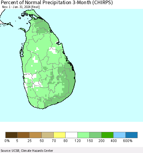 Sri Lanka Percent of Normal Precipitation 3-Month (CHIRPS) Thematic Map For 11/1/2023 - 1/31/2024