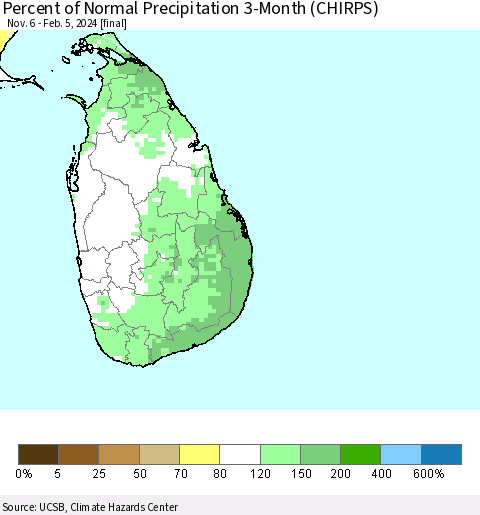 Sri Lanka Percent of Normal Precipitation 3-Month (CHIRPS) Thematic Map For 11/6/2023 - 2/5/2024