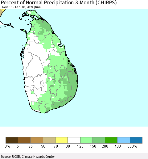 Sri Lanka Percent of Normal Precipitation 3-Month (CHIRPS) Thematic Map For 11/11/2023 - 2/10/2024