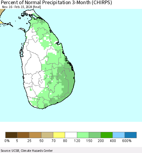 Sri Lanka Percent of Normal Precipitation 3-Month (CHIRPS) Thematic Map For 11/16/2023 - 2/15/2024