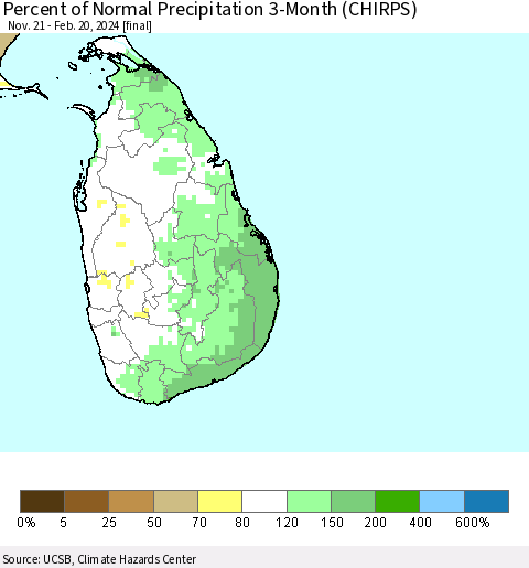 Sri Lanka Percent of Normal Precipitation 3-Month (CHIRPS) Thematic Map For 11/21/2023 - 2/20/2024