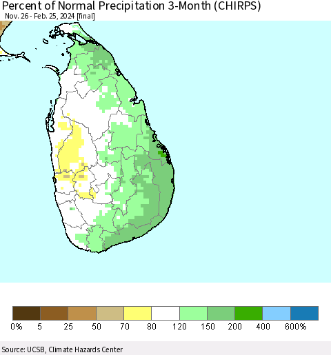 Sri Lanka Percent of Normal Precipitation 3-Month (CHIRPS) Thematic Map For 11/26/2023 - 2/25/2024