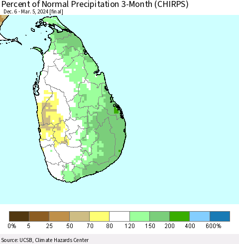Sri Lanka Percent of Normal Precipitation 3-Month (CHIRPS) Thematic Map For 12/6/2023 - 3/5/2024