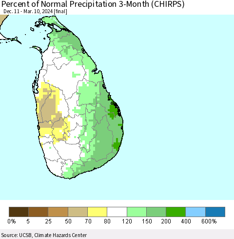 Sri Lanka Percent of Normal Precipitation 3-Month (CHIRPS) Thematic Map For 12/11/2023 - 3/10/2024