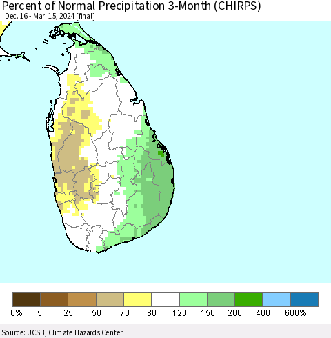 Sri Lanka Percent of Normal Precipitation 3-Month (CHIRPS) Thematic Map For 12/16/2023 - 3/15/2024